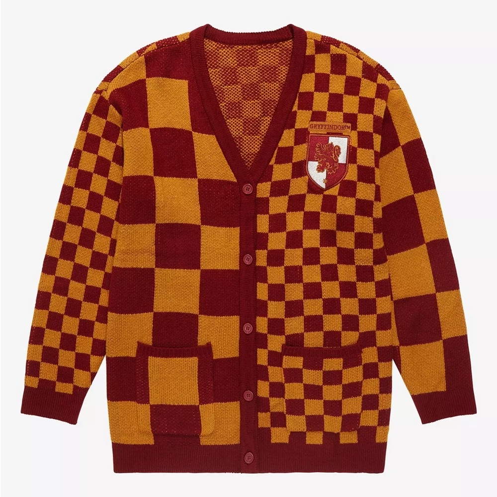 Warner Bros Red and Gold Cardigan Sweater with Striking Pattern